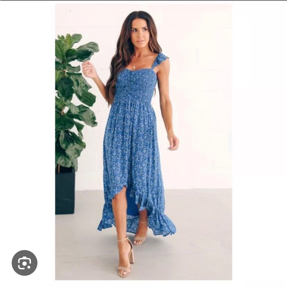 Storia Blue Ruched High Low Sundress
